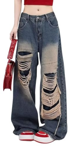 Lafaguw Jean Baggy pour Femme et Homme - Pantalon à Jambe Droite déchiré Taille Haute - Jeans Vieilli Y2K Grunge - Vêtements d'été, Bleu 1, XS