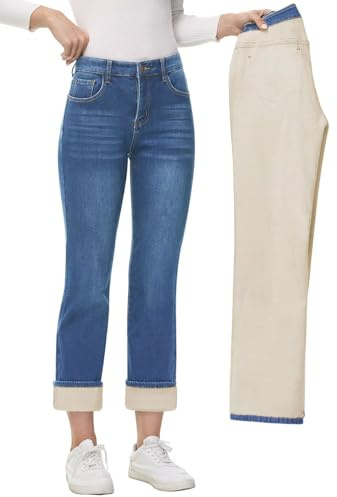AMRSPENG Fleece Lined Jeans Pants Women High Waisted Thermal Winter Jeans Flannel Lined Jeans Women Light Blue Size 6