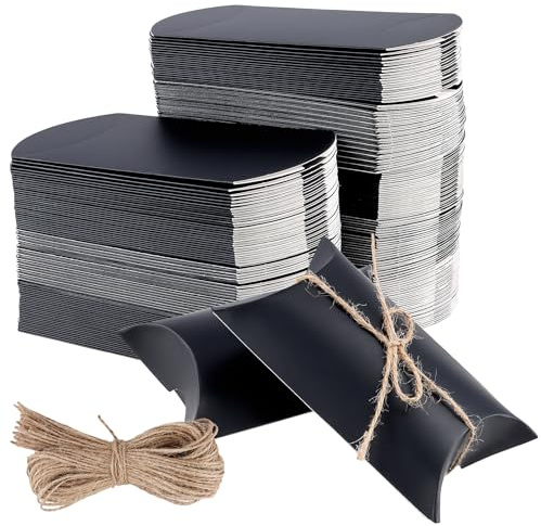 TAICHEUT 200 cajas de almohada negras de 13 x 8,8 x 3,5 cm, caja de almohada de papel kraft con cordel de yute, cajas de almohada pequeñas para aniversario, cumpleaños, boda