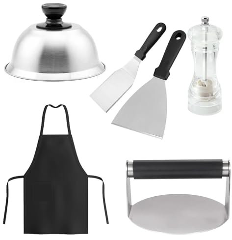 Kit pour Burgers 6 pièces, Smash Hamburger Kit, Contient Presse Burger, 2 Spatules, Cloche à Burger et Salière - Presse Burger, Smasher Hamburger, Smash Hamburger Kit Professionnel Premium Plus