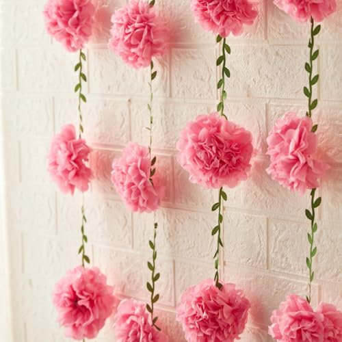 2 Stück Blumengirlande aus Papier, Rosa Blumen mit Grünen Blättern, 2.5 Meters Pompon-Deko für Wand, Hochzeit, Party und Garten