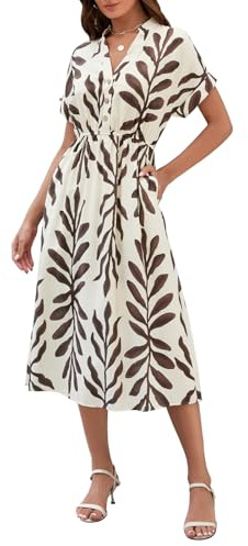 Genfien Vestidos Verano Mujer con Manga Corta Cuello V Elegante Cintura Alta con Bolsillo Casual Bohemio Vestidos de Playa