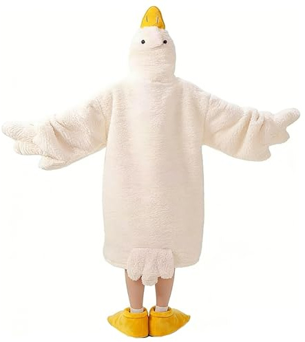 Goose Blanket Hoodie Onesie, Fleece Oversized Wearable Blanket Hoodie with Sleeves and Goose Feet Slippers, White, Medium