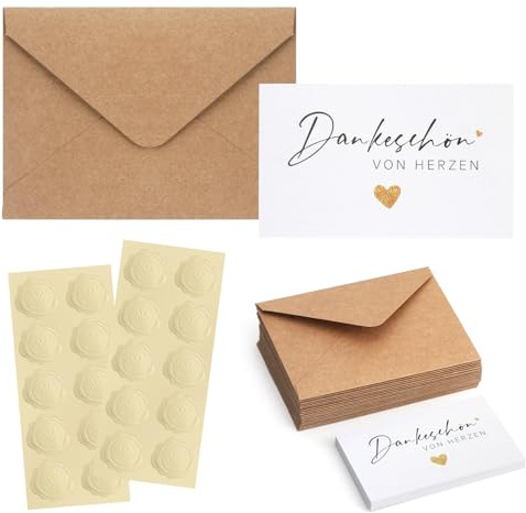 VOSSOT 20 tarjetas de agradecimiento pequeñas de 9 cm x 5,4 cm, con sobres de papel de estraza y sello dorado, mini tarjeta de agradecimiento, tarjetas de agradecimiento para cumpleaños, bodas