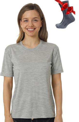 100% Merino Wool T Shirt Women - Merino Wool Base Layer Womens + Socks | Lightweight, Womens Short Sleeve Tee, Odor-Resistant, Breathable, Moisture-Wicking, for Hiking, Travel, Outdoor