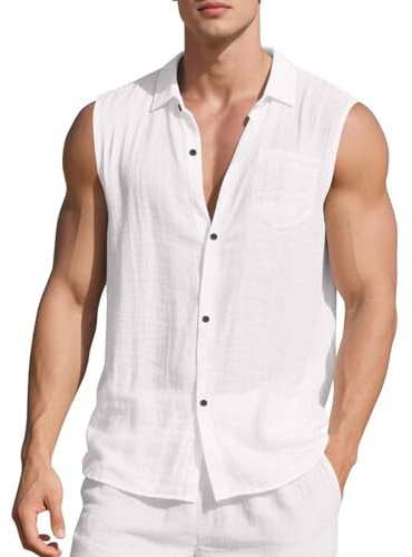 XuanXmy Chemise en Lin sans Manches pour Hommes Bouton vers Le Bas Laple Lin Gilet D’été Respirant Plages Vacances Hauts XXL