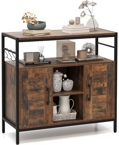COSTWAY Buffet Sideboard, Kitchen Storage Cabinet with 2 Doors, Open Compartments, Adjustable Shelves & 3 Hooks, Industrial Bar Cabinet Display Cupboard Organiser for Dining Living Room Hallway