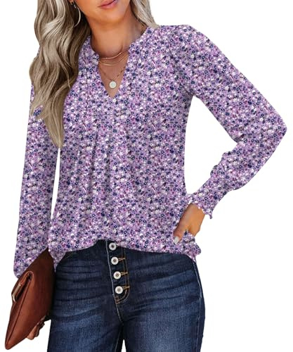 Rapbin Blusas para mujer, cuello en V, manga larga, plisadas, puños con volantes, camisetas casuales elegantes, Morado y blanco floral, XXL