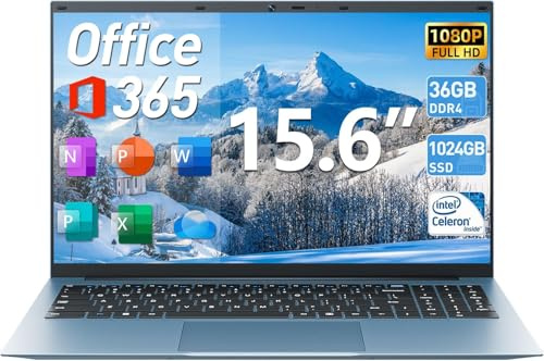 SGIN Ordinateurs portables Windows 11 de 15,6, avec 36 Go de RAM, 128 Go EMMC+1024 Go SSD, Celeron N5095 Quad-Core, 1 an Office 365, WiFi 6, visualisation à 180°, USB 3.2, HDMI, Type-C, batterie 7000