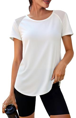 Crewhpo Tee Shirt Sport Femme Manches Courtes Col Rond Dos en Mesh Doux | Tissu Doux et Respirant, Dos et Épaules en Mesh, Coupe Ample, Protection Solaire pour les Activités Extérieures
