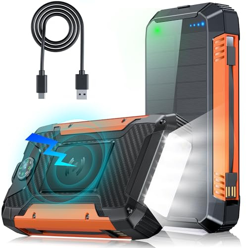 49800mAh Power Bank Solare con 2 Cavi: Caricabatterie Wireless Solare Portatile Powerbank USB C PD 30W Ricarica Rapida 3 Uscite & 2 Ingressi, Batteria Esterna con Indicatore LED & Torcia