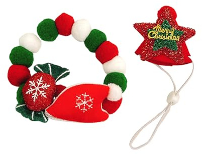 Lot de 2 Collier de Noël pour Animal de Compagnie, Réglable Collier à Pompon et Bonnet, Anneau de Cou à Motif de Noël avec Sangle de Mentonnière Réglable, pour Chats et Chiens (M)