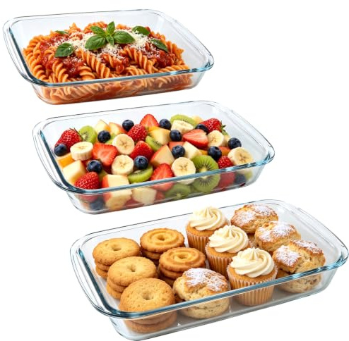Oungy 3 stycken ugnsformar, glas, stor, 1 l, 1,6 l, 2,2 l, rektangulär bakform, glas, stor ugnsform för lasagne, grill, glasskål för luftfrys, mikrovågsugn, ugnssäker och diskmaskinssäker