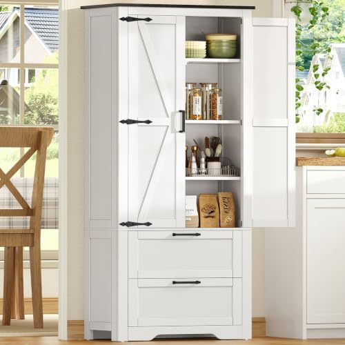 TEENFON Buffet Haut Cuisine, Armoire Cuisine 2 Portes et 2 Tiroirs, Meuble de Rangement avec Étagère Réglable, pour Salon et Salle à Manger, 60x30x168 cm, Blanc
