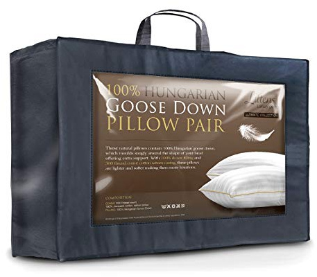 Littens Luxury Ultimate Collection 100% Pure Hungarian Goose Down Pillows Pair 300TC 100% Cotton Jacquard Casing, Down Proof, Gold Piping