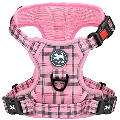PoyPet No Pull Dog Harness, Reflective Adjustable No Choke Pet Vest with Front & Back 2 Leash Attachments, Soft Control Training Handle for Small Medium Large Dogs(Checkered Pink,S)