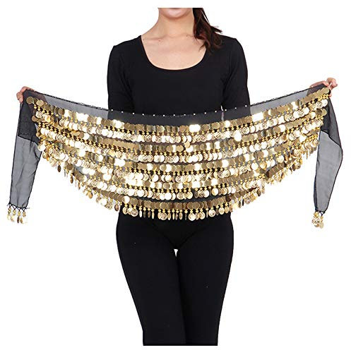 Bauchtanz Tribal Hüfttuch Chiffon Bauchtanz Kostüm Wickelgürtel mit Goldmünzen Röcke (Schwarz)