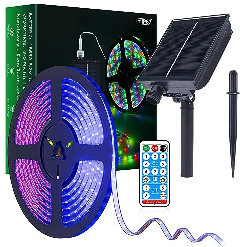 MIWATT blau Solar LED Streifen Außen, 5m Solar LED Strip IP67 Wasserdichter, 280 LEDs Dimmbare Lichtleisten mit Fernbedienung, Gartenbäume Zuhause Weihnachten Urlaub Terrasse Party LED Lichter