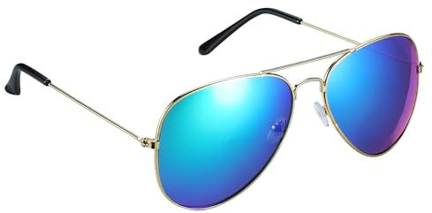 Komonee Pilot Style Designer Sunglasses - Blue Shimmer Lens Classic Retro Shades, Unisex Men & Women UV400 Protection Glasses, Great for Cycling Golf Fishing Sports & Holidays