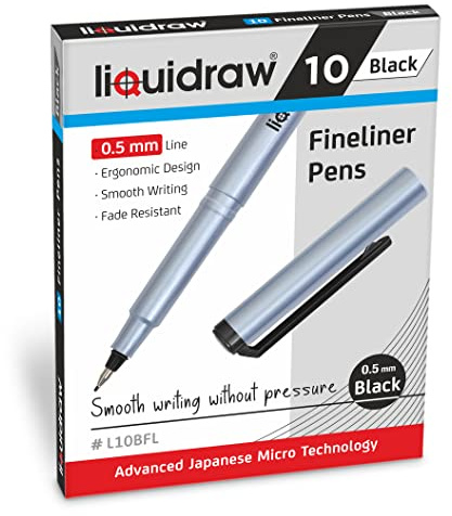 Liquidraw Black Fineliner Pens - 10 Set | Fine Point 0.5 mm Tip | Storage Wallet | Black Colored Pens For Artists, Handwriting, Drawing, Calligraphy, Sketching | Ergonomic Design | Fade Resistant Ink