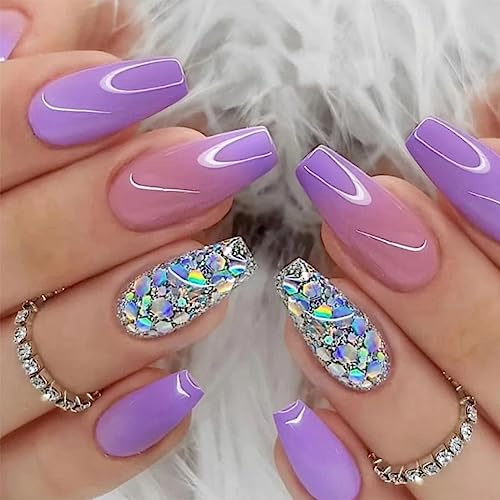 TMUT 24pcs Long Coffin False Nails Purple Ombre Stick on Nails Glitter Silver Sequin Design Press on Nail Removable Glue on Full Cover Fake Nail Art Accessories for Women