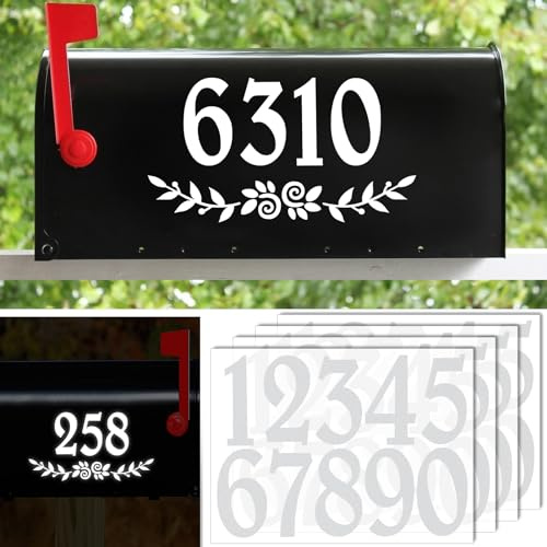 3 Inch Reflective White Mailbox Numbers Stickers, 4 Set Waterproof Rustic Mailbox Decal, Self Adhesive Vinyl Number for Mail box, Door, Garbage Bins