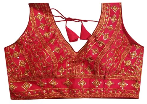 IMTRA FASHION Indiska Färdiggjord Tussar Silke Saree Blus för Kvinnor Crop Top Choli-Röd-38