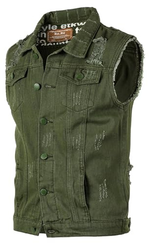 Yukirtiq Gilet da Uomo Smanicato Jeans Uomo Vintage Gilet di Jeans Senza Maniche Streetwear Giacca Jeans da Moto Slim Fit Gilet denim, Verde, L