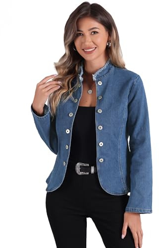 Allegra K Denim Blazer Jacket for Women's Open Front Stand Collar Jeans Suit Large Blue