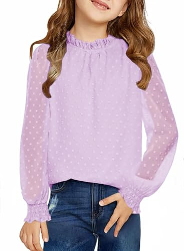 Arshiner Filles Chemise à Manches Longues Mousseline Enfants Point Poignets Plissés T-Shirt Élégant Loisirs Automne Hiver Chemisier pour Fille 11-12 Ans Violet