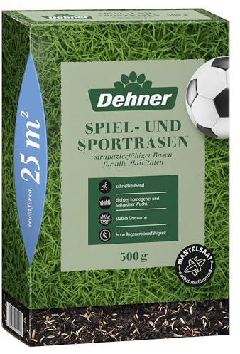 Dehner Semi per prati sportivi, semi di alta qualità per prati resistenti e densi, germinanti veloci e facili da pulire, ideali per giardini di famiglia e aree di gioco, 500 g per circa 25 m²