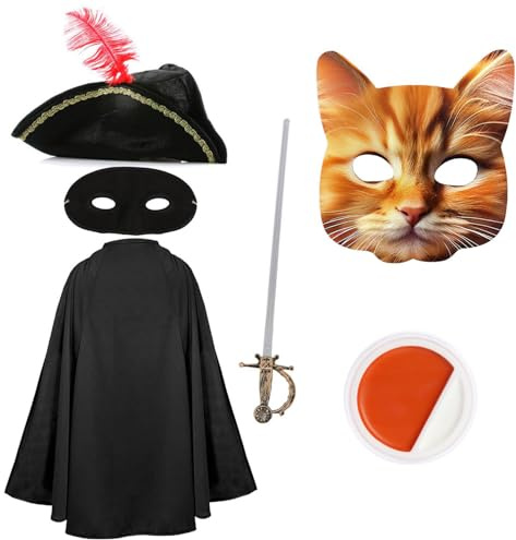 Adults Cat Bandit Costume - Black Cape, Tricorn Hat, Cat Mask, Eye Mask, Fake Sword, Orange & White Facepaint - Mens Ladies TV Film Fancy Dress Costume