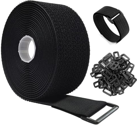 1 Roll 5m Adjustable Cable Straps with 25 Buckles,2cm x 5m Heavy Duty Hook and Loop Straps with 25 Buckles,Black Reusable Fastening Cable Ties for Cable Tidy Free Cut Length, Cord Organiser(Black)