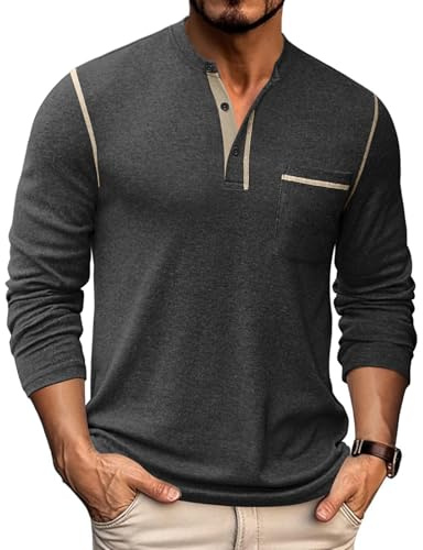 COOFANDY Henley-skjorta, herr, långärmad t-shirt med knappslå långärmad tröja | 3-knappslist, med fickor, räfflad hals, mikrofleece-tyg, vardag, fritid, arbete, gå ut, hemma