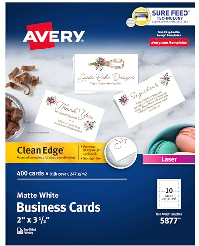 Avery Clean Edge Printable Business Cards, Sure Feed Technology, 2 x 3.5, White, 400 Blank Cards for Laser Printers (5877)