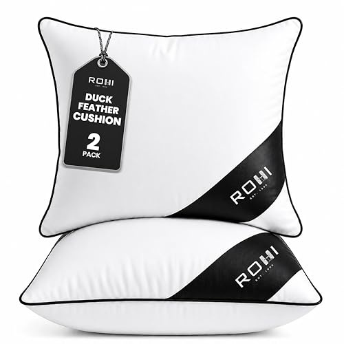 Rohi New Duck Feather Cushion Inserts - Non-Allergenic Feather Cushion Pads - Double Stitched Seams - 100% Natural Cotton Sofa Cushion with Duck Feather Filling (2, 20 x 20 | 50cm x 50cm)
