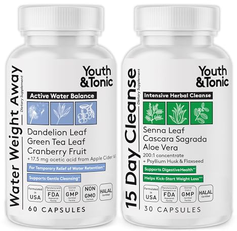 Youth & Tonic Water & Waste Reset – Water Weight Away & 15 Day Cleanse Pills for Digestive Cleanse, Fluid Retention, Colon Cleanser, Gut Detox & Bloating Support for Women & Men – 90 Capsules