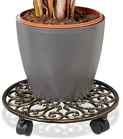 1 x Pflanzenroller Gusseisen, rund, Ø 33,5 cm, Blumentopfuntersetzer, 4 Rollen, stabil, wetterfest, Blumenroller, Bronze