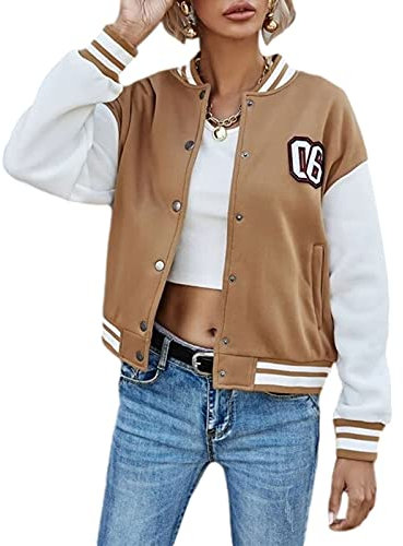 Yassiglia Damen Baseball Jacke Frauen College Jacke Mädchen Wintermantel Warm Kurze Vintage Bomberjacke Ladies Sweat Jacket Sweatjacke für Frauen Herbst Frühling (Khaki, Large)