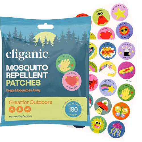 Cliganic Mosquito Repellent Stickers (180 Pack) - Positive Vibes Patches for Kids, Natural DEET-Free, Essential Oil Infused