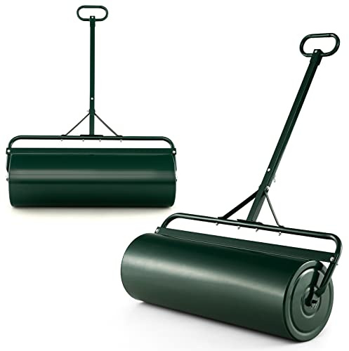 COSTWAY Rullo per Prato in Metallo 63 L, Rullo da Giardino 90 cm Riempibile con Acqua/Sabbia, con Gancio e Impugnatura Staccabile 137 cm, Ideale per Giardino, Prato, Parco e Fattoria (Verde)