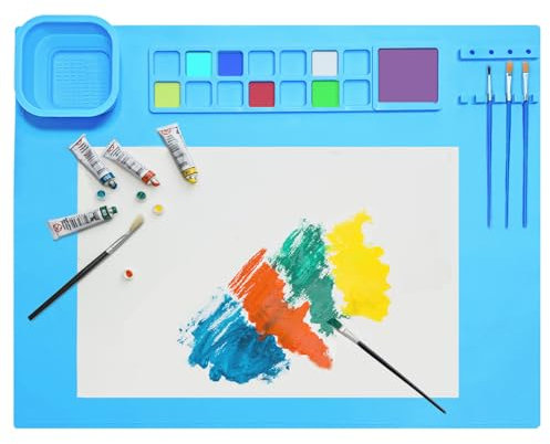 TENQUAN Silikon Malmatte, 51x41cm Silikon Bastelmatte mit Becher Bastelunterlage Malunterlage Abwaschbar Antihaft Silikonmatte basteln für Malen Basteln,Kunst,Kreation (Blau)