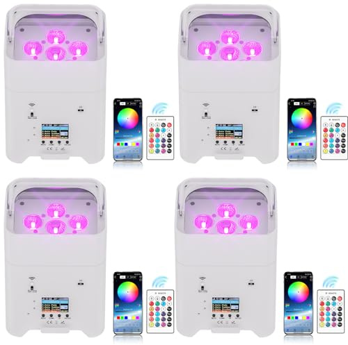 UKing 4er 108W APP akku led par Scheinwerfer strahler wiederaufladbarer, RGBWA+UV disco licht Bühnenlicht mit mit Fernbedienung, unterstützt 2,4 GHz/DMX-Steuerung für DJ Party Hochzeiten