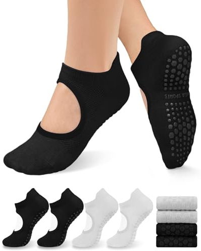 yeuG Lot de 4 paires de chaussettes antidérapantes pour femme, pour Pilates, yoga, barre, hôpital, barefoot