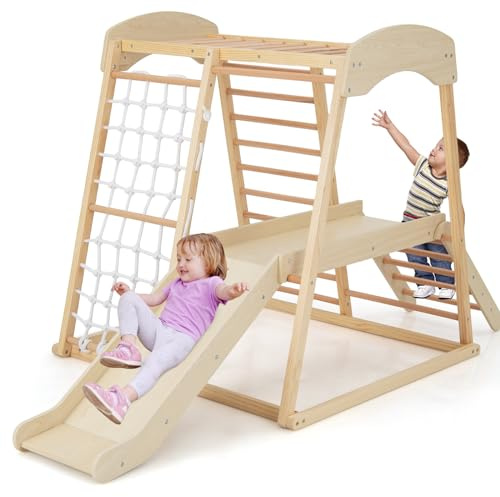 RELAX4LIFE Set di Arrampicata Multifunzione, Parco Giochi in legno Massello con Scivolo, Centro Attività da Interno, per Bambini 1 a 5 Anni (205x112x120 cm, Naturale)