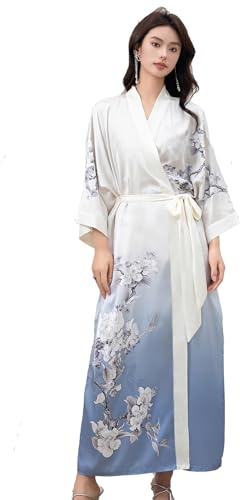 LOCIIXAT Women's Long Satin Kimono Robe Loose Cover-up Flower Print Dressing Gown Silk Sleepwear Bathrobes