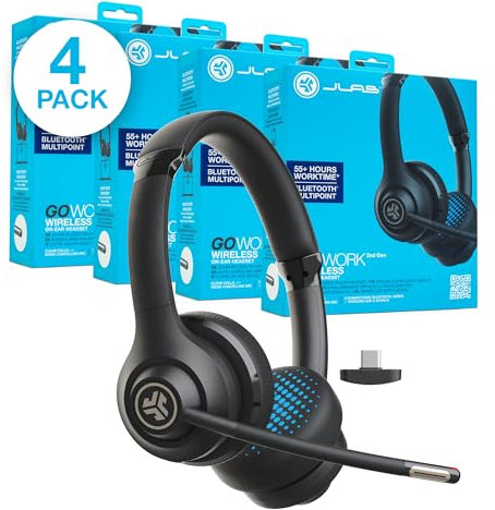 JLab Go Work 2nd Gen Wireless Headsets with Microphone - 55+H Computer Bluetooth Headset or USB C Dongle, Multipoint Connect, On Ear Wired or Wireless Office PC Laptop Headsets with Mic, 4 Pack