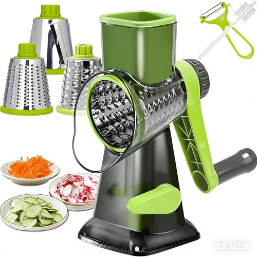 Dachenus Cheese Grater Rotary Cheese Grater,Versatile Cheese Shredder,Blades for Shredding, Grating, Slicing,Cheese Shredder with Suction Base and Cleaning Brush Kitchen Gift (green)