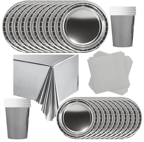 POPOYU 69 Pièces Vaisselle Jetable Anniversaire Argent,Assiette Carton Papier Tasses Serviettesr Nappe pour Fête de Noël,Vaisselle de Fête Enfants,Barbecue Les Fêtes Les Pique-niques(16 Invités)
