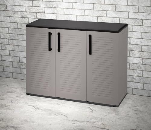 Dmora Armadio da Esterno Gesves, Mobile Balcone Multiuso, Armadietto Outdoor 3 Ante, 100% Made in Italy, 102x37h84 cm, Grigio e Nero, Finitura Righe